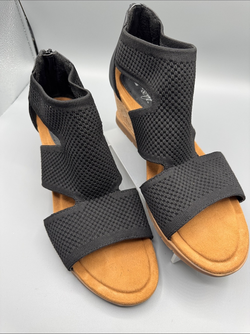 Euro Soft Black Knit Cork Wedge Sandals size 11